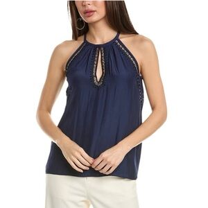 RAMY BROOK Cerise High Neck Tank Top Embroidered Detailing, Studded Lace Trim L